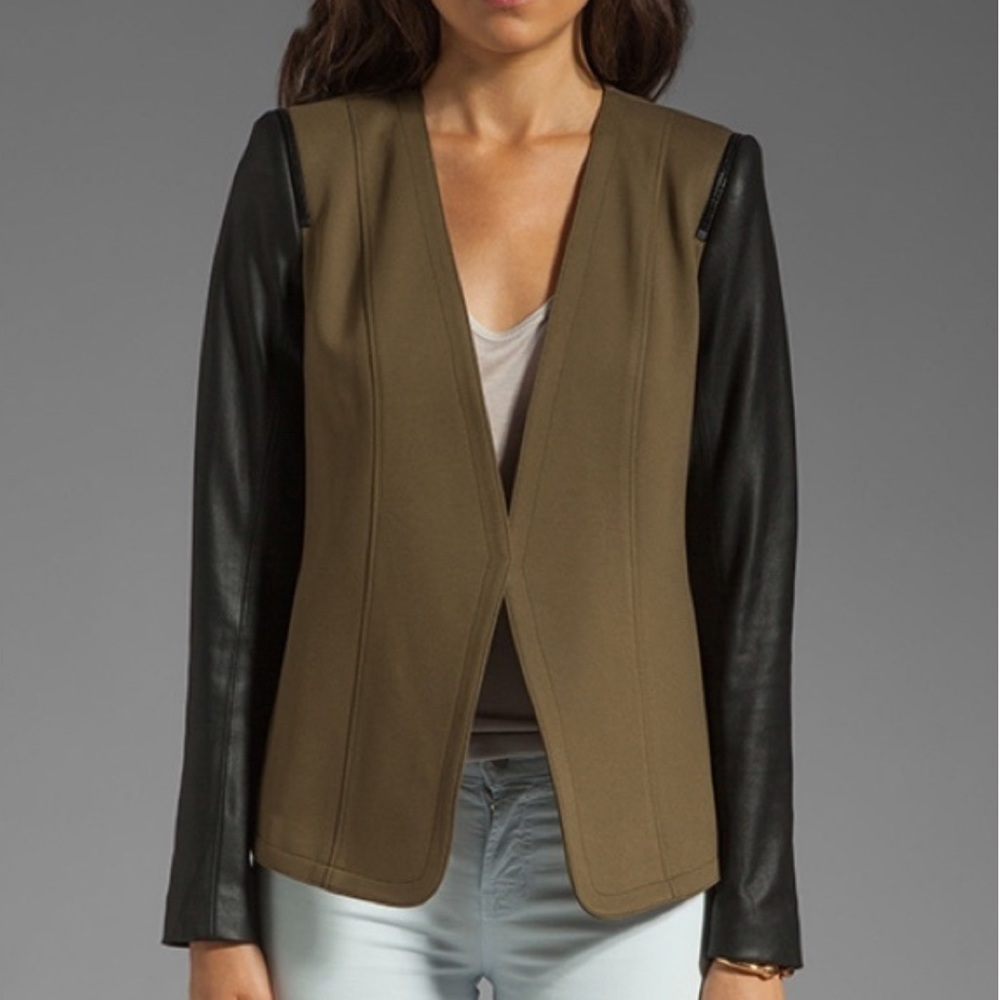 Theory Yaisa Pryor Leather Sleeve Blazer Jacket Olive Green & Black Large - Picture 2 of 16